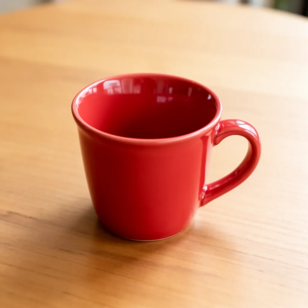 A red ceramic cup on a plain wooden table, soft daylight, simple product photograph. No people, no text. - AI Generated  Art